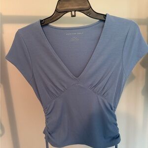 American Eagle Outfitters Blue Ruched Cap Sleeve Blouse